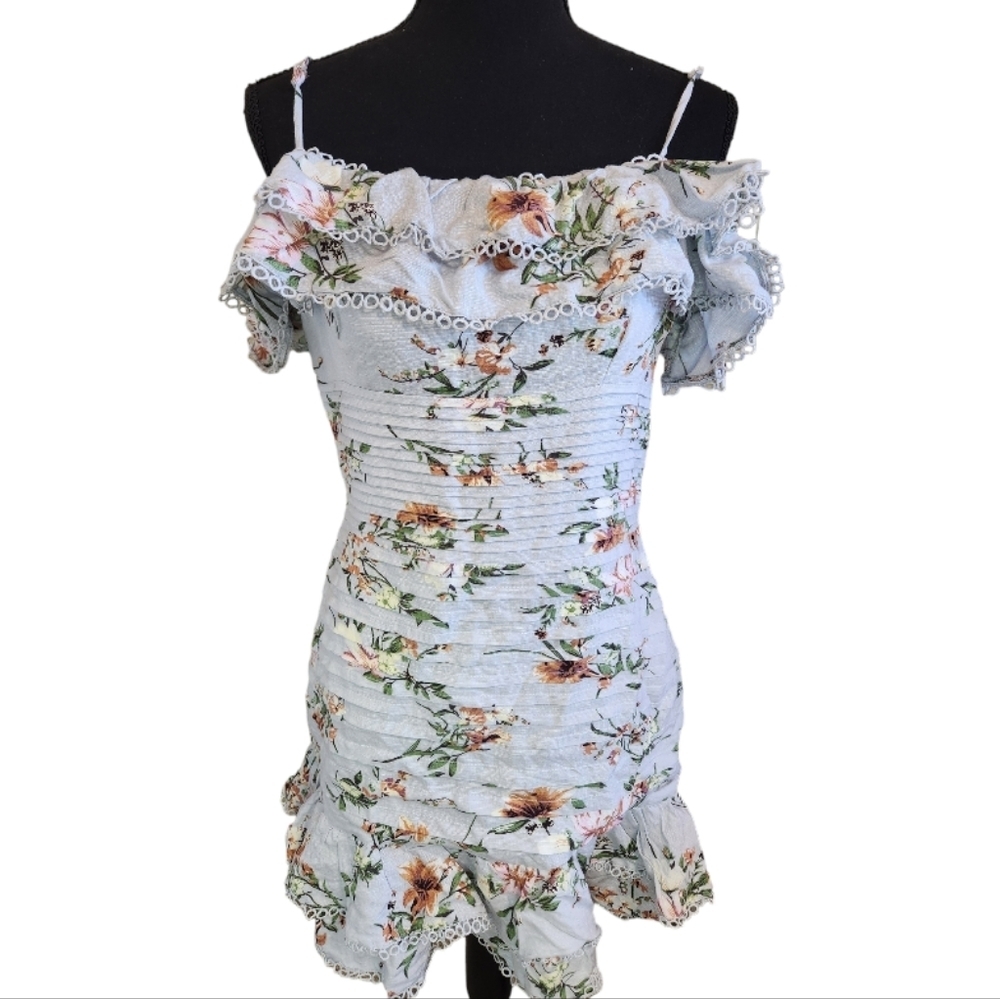 ASTR drop shoulder floral ruched bodycon mini dress ruffles blue size medium